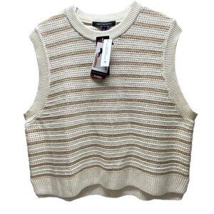 French Connection Sleeveless Sweater Women's XL Ivory Gold Stripe Knit Vest NWT